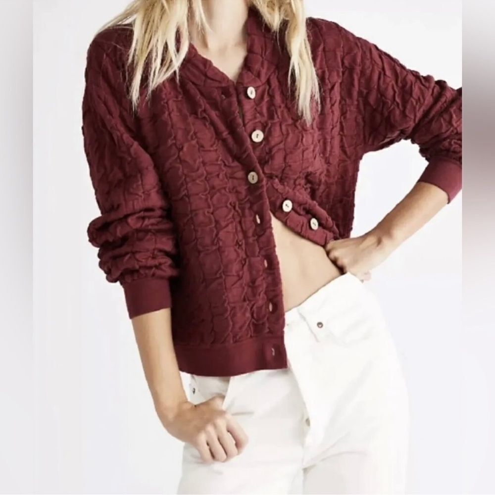 free people Beach XS Sunny Wine Button Front Ruched Knit Bomber Sweater